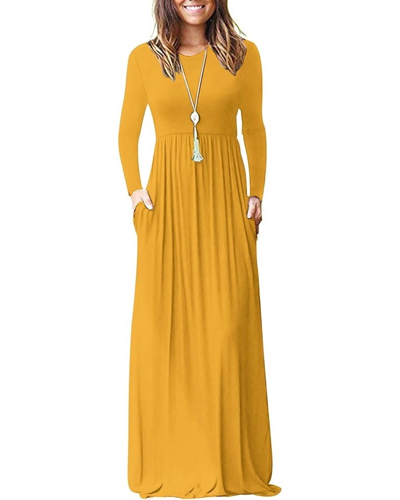 Women Long Sleeve Loose Plain Maxi Dresses Casual Long Dresses with Pockets 01-mustard Yellow $19.92 Dresses