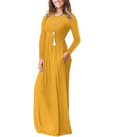 Women Long Sleeve Loose Plain Maxi Dresses Casual Long Dresses with Pockets 01-mustard Yellow $19.92 Dresses