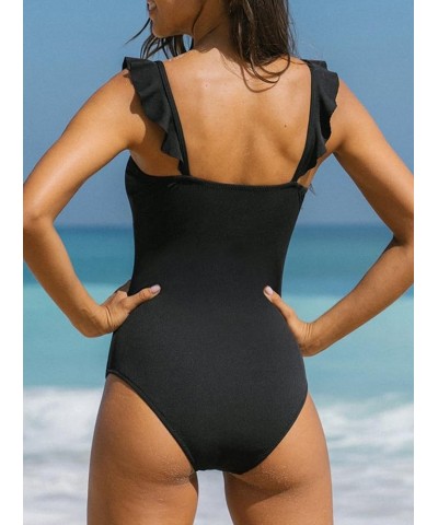 Women's Ruffle Shoulder One Piece Bathing Suit Belted Leopard Color Block Swimsuit Black $22.61 Swimsuits