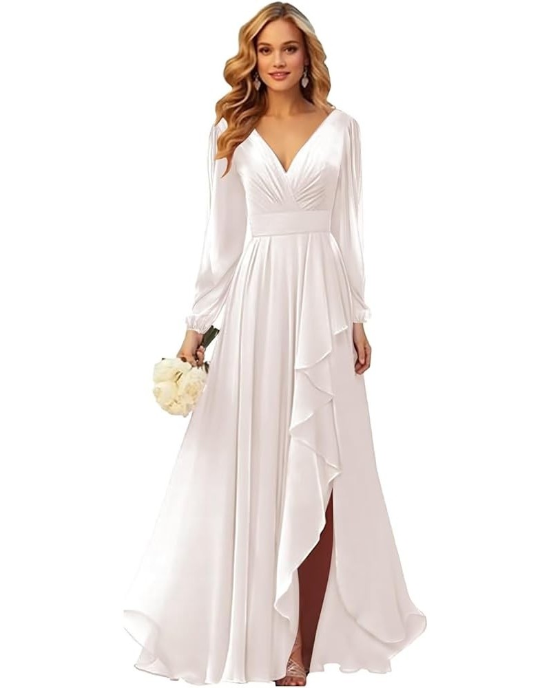 Long Sleeve Bridesmaid Dresses for Women Chiffon Ruffle V Neck Long Formal Dress with Slit Ivory $32.44 Dresses