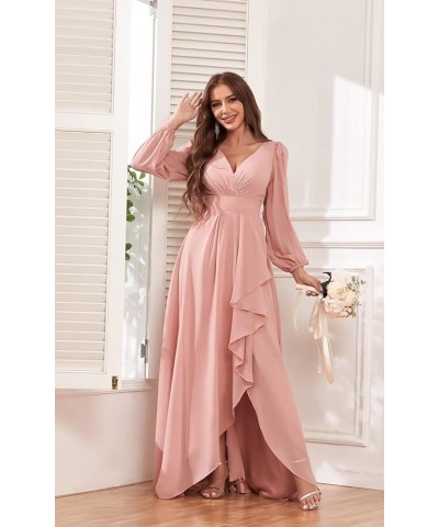 Long Sleeve Bridesmaid Dresses for Women Chiffon Ruffle V Neck Long Formal Dress with Slit Ivory $32.44 Dresses