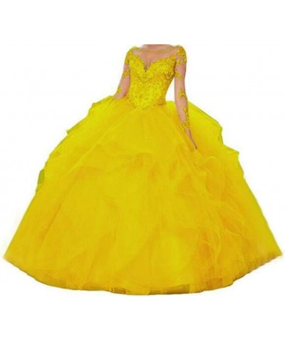 Women's 2019 Sheer Neck Beaded Sweet 16 Quinceanera Dresses Long Sleeves Prom Ball Gowns Bright Yellow $50.31 Dresses