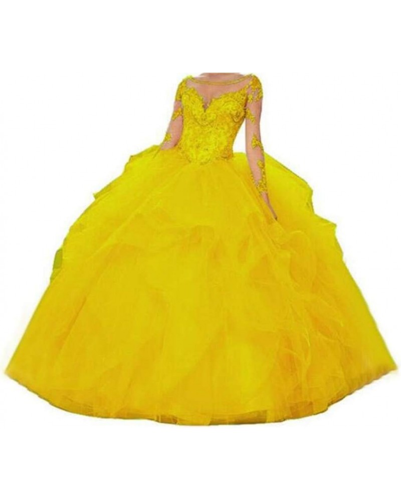 Women's 2019 Sheer Neck Beaded Sweet 16 Quinceanera Dresses Long Sleeves Prom Ball Gowns Bright Yellow $50.31 Dresses