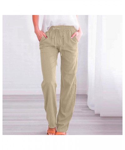 Womens Cotton Linen Drawsting Pants 2023 Casual Elastic Waist Straight Fit Trousers Beach Lounge Pants with Pockets Z41-beige...