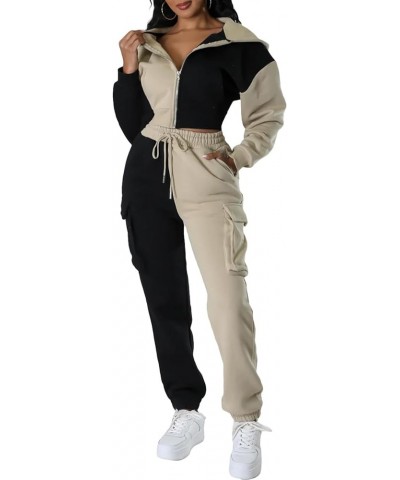 Womens 2 Piece Sweatsuit Casual Patchwork Long Sleeve Zipper Sweatshirts Tracksuit Pants Set G-khaki $17.15 Activewear