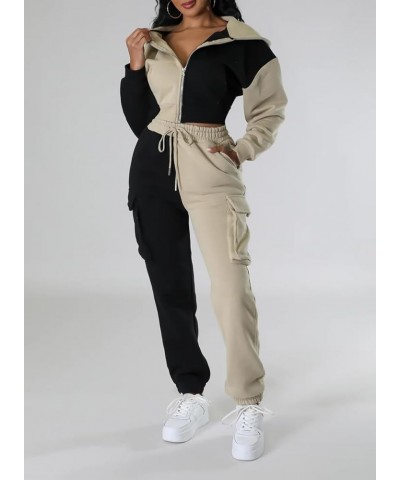 Womens 2 Piece Sweatsuit Casual Patchwork Long Sleeve Zipper Sweatshirts Tracksuit Pants Set G-khaki $17.15 Activewear