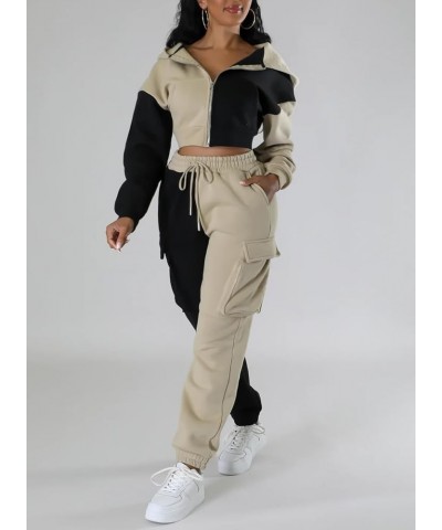 Womens 2 Piece Sweatsuit Casual Patchwork Long Sleeve Zipper Sweatshirts Tracksuit Pants Set G-khaki $17.15 Activewear