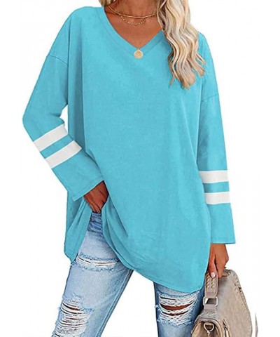 Women Top Oversized Cotton Solid/Two-Bar Striped Long Sleeve V-Neck T-Shirt Loose Blouse B-stripe Sky Blue $13.79 T-Shirts