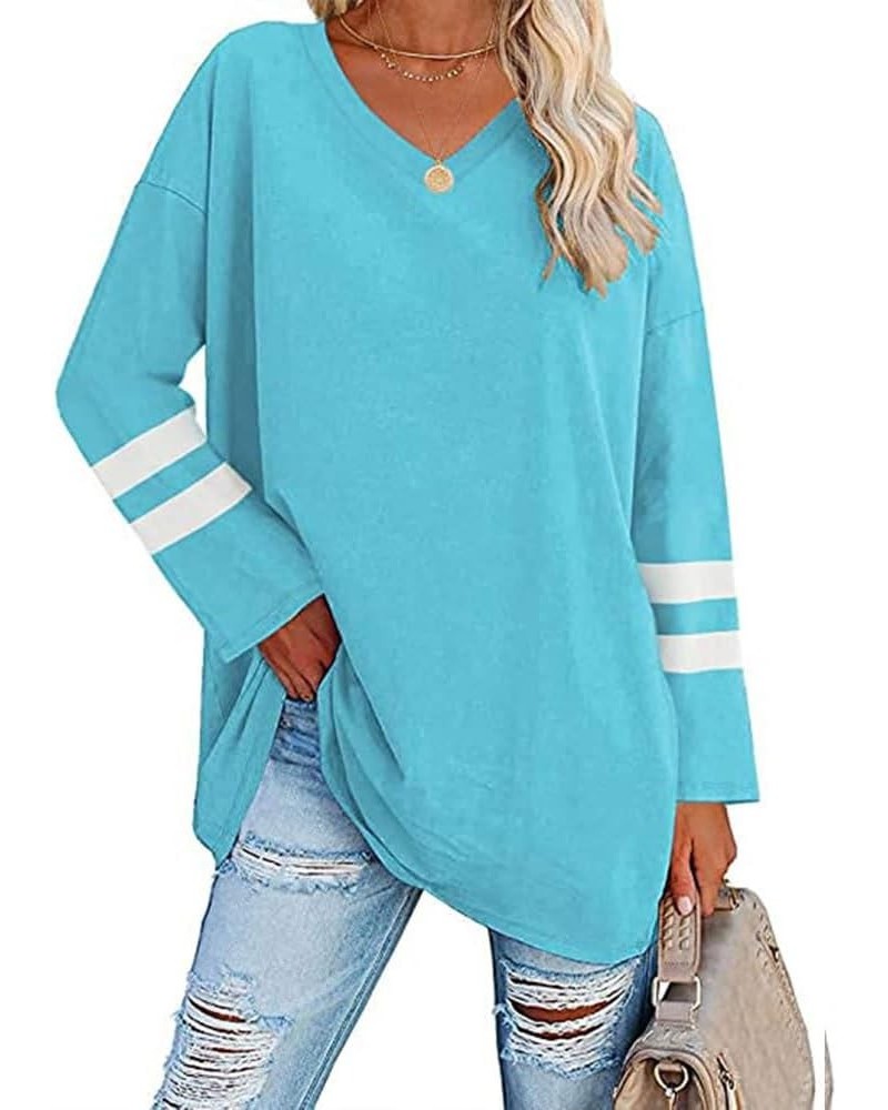 Women Top Oversized Cotton Solid/Two-Bar Striped Long Sleeve V-Neck T-Shirt Loose Blouse B-stripe Sky Blue $13.79 T-Shirts