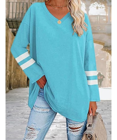 Women Top Oversized Cotton Solid/Two-Bar Striped Long Sleeve V-Neck T-Shirt Loose Blouse B-stripe Sky Blue $13.79 T-Shirts