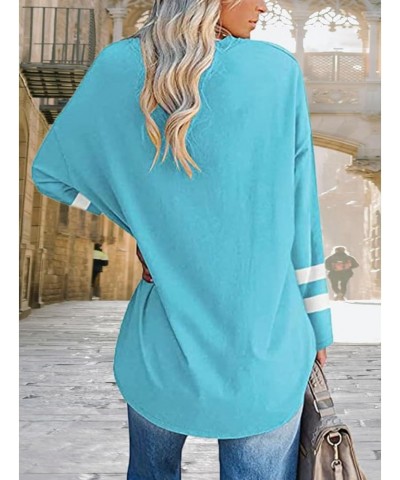 Women Top Oversized Cotton Solid/Two-Bar Striped Long Sleeve V-Neck T-Shirt Loose Blouse B-stripe Sky Blue $13.79 T-Shirts