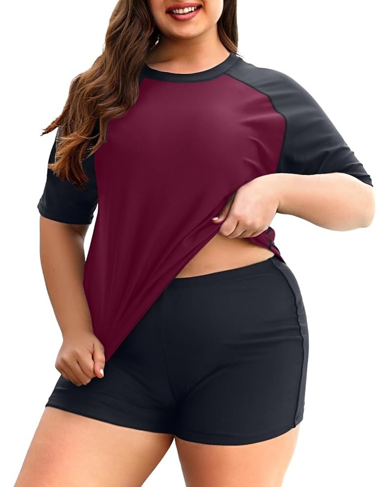 Two Piece Women Plus Size Rash Guard Short Sleeve Swim Shirts and Shorts UPF 50+ Rashguard Swimsuit Purple $19.43 Swimsuits