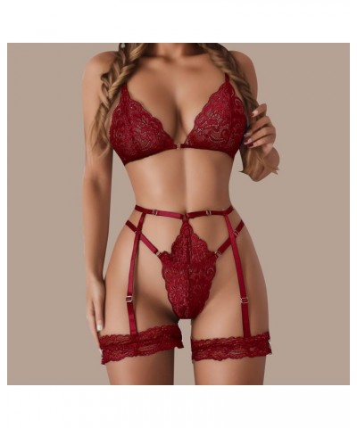 2024 Lingerie Sets For Women Classy Plus Size Floral Lace Scallop Trim Garter Lingerie High Waist Bra Panties Set Z01-red Lig...