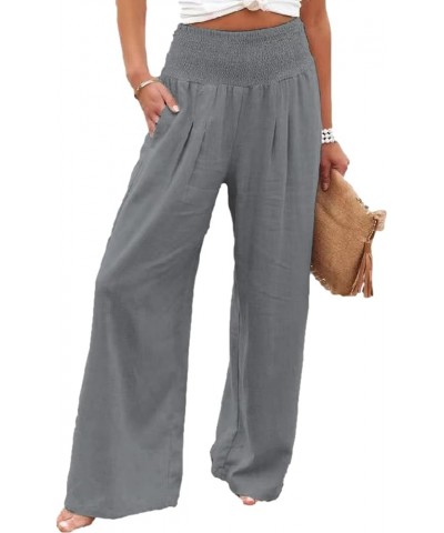 Cotton Linen Wide Leg Palazzo Beach Pants for Women Casual Elastic High Waist Smocked Lounge Pants Light Gray $8.40 Pants