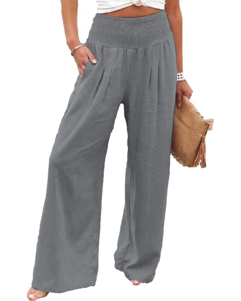 Cotton Linen Wide Leg Palazzo Beach Pants for Women Casual Elastic High Waist Smocked Lounge Pants Light Gray $8.40 Pants