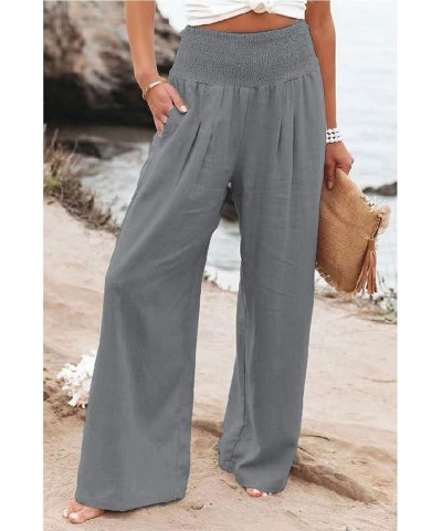 Cotton Linen Wide Leg Palazzo Beach Pants for Women Casual Elastic High Waist Smocked Lounge Pants Light Gray $8.40 Pants