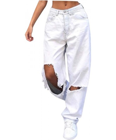 Cutout Denim Pants for Women Loose Ripped Boyfriends Jeans High Waist Baggy Denim Pants Distressed Wide Leg Jeans White $13.6...