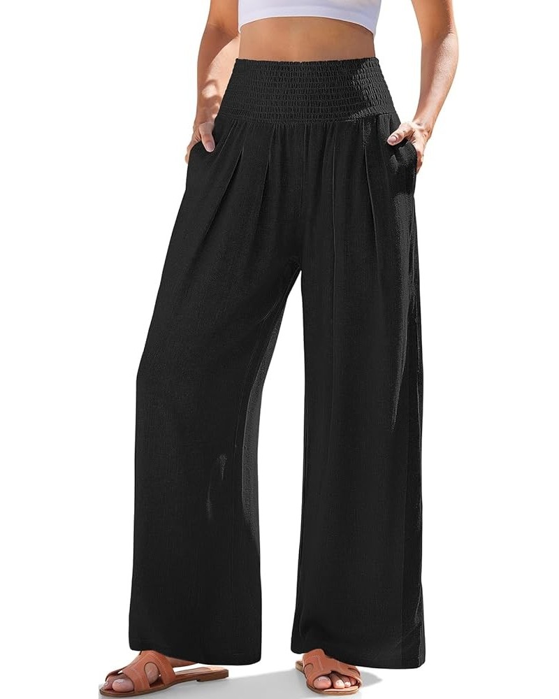 Womens Linen Palazzo Pants Boho High Waisted Wide Leg Casual Lounge Pant Trousers with Pockets- 19"/28" Inseam 28 inches Blac...