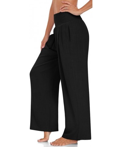 Womens Linen Palazzo Pants Boho High Waisted Wide Leg Casual Lounge Pant Trousers with Pockets- 19"/28" Inseam 28 inches Blac...