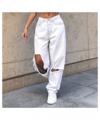 Cutout Denim Pants for Women Loose Ripped Boyfriends Jeans High Waist Baggy Denim Pants Distressed Wide Leg Jeans White $13.6...