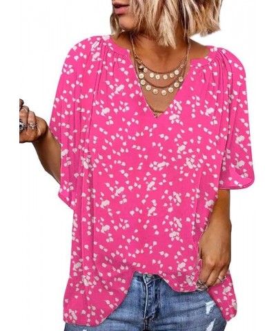 Womens Casual V Neck Loose 3/4 Bell Sleeve Chiffon Blouse Shirt Pleated Flowy Tunic Tops C Floral Pink $13.49 Blouses