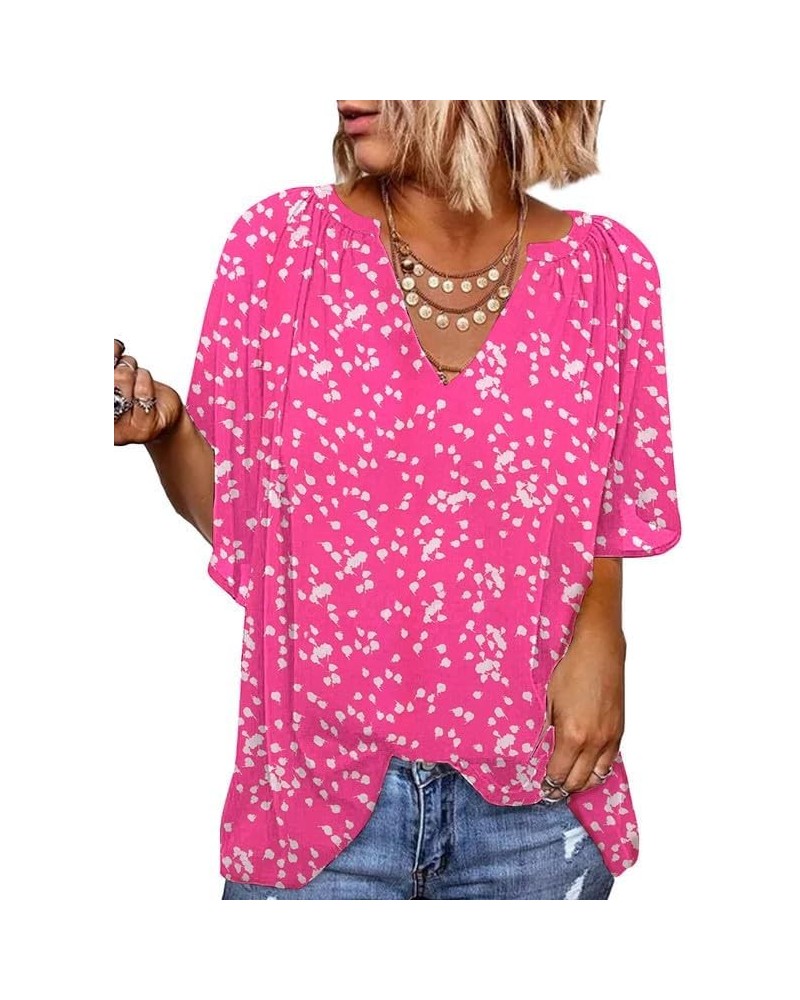 Womens Casual V Neck Loose 3/4 Bell Sleeve Chiffon Blouse Shirt Pleated Flowy Tunic Tops C Floral Pink $13.49 Blouses