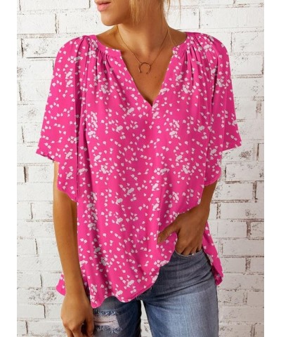 Womens Casual V Neck Loose 3/4 Bell Sleeve Chiffon Blouse Shirt Pleated Flowy Tunic Tops C Floral Pink $13.49 Blouses