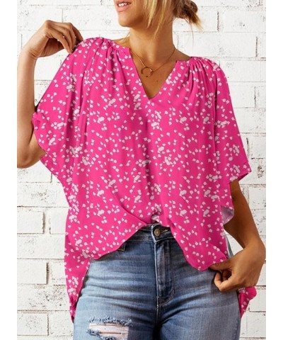 Womens Casual V Neck Loose 3/4 Bell Sleeve Chiffon Blouse Shirt Pleated Flowy Tunic Tops C Floral Pink $13.49 Blouses