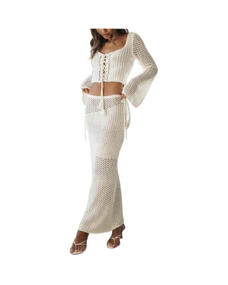 Y2k Knit Two Piece Skirt Set Long Sleeve Crochet Crop Top Split Knit Maxi Skirt Outfits Hollow Out Backless Suit A3-white $18...