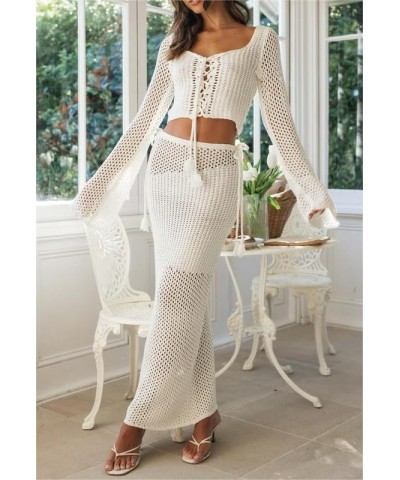 Y2k Knit Two Piece Skirt Set Long Sleeve Crochet Crop Top Split Knit Maxi Skirt Outfits Hollow Out Backless Suit A3-white $18...