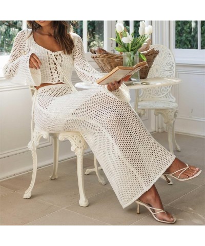 Y2k Knit Two Piece Skirt Set Long Sleeve Crochet Crop Top Split Knit Maxi Skirt Outfits Hollow Out Backless Suit A3-white $18...