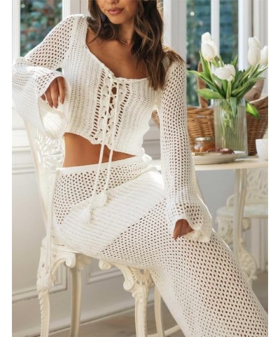 Y2k Knit Two Piece Skirt Set Long Sleeve Crochet Crop Top Split Knit Maxi Skirt Outfits Hollow Out Backless Suit A3-white $18...