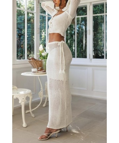 Y2k Knit Two Piece Skirt Set Long Sleeve Crochet Crop Top Split Knit Maxi Skirt Outfits Hollow Out Backless Suit A3-white $18...