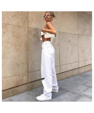 Cutout Denim Pants for Women Loose Ripped Boyfriends Jeans High Waist Baggy Denim Pants Distressed Wide Leg Jeans White $13.6...