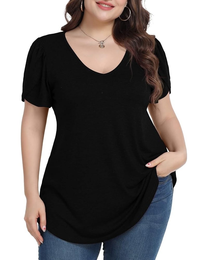 Plus Size Womens Tops Summer Casual T Shirts V Neck Tunic Petal Sleeve Loose D-black Petal Sleeve $14.21 T-Shirts