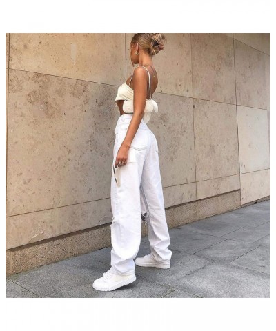 Cutout Denim Pants for Women Loose Ripped Boyfriends Jeans High Waist Baggy Denim Pants Distressed Wide Leg Jeans White $13.6...