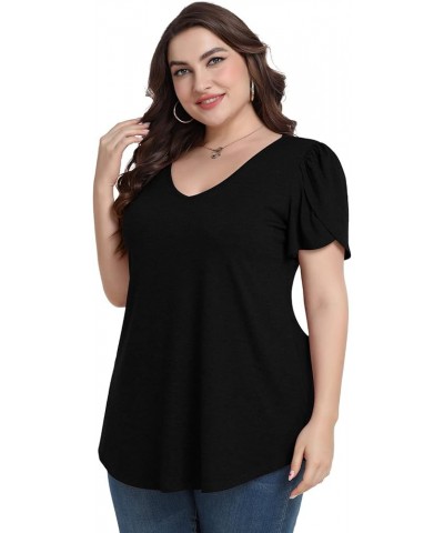 Plus Size Womens Tops Summer Casual T Shirts V Neck Tunic Petal Sleeve Loose D-black Petal Sleeve $14.21 T-Shirts