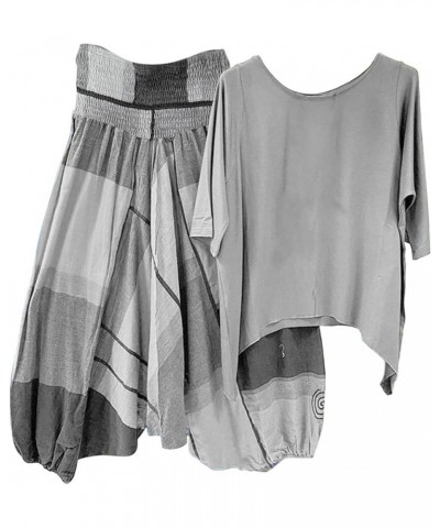 Two Piece Summer Sets For Women Cotton Linen Pants Lounge Set Crew Neck Sleeve Print Blouse + Loose Pants Set A06gray $13.53 ...