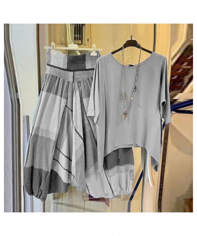 Two Piece Summer Sets For Women Cotton Linen Pants Lounge Set Crew Neck Sleeve Print Blouse + Loose Pants Set A06gray $13.53 ...