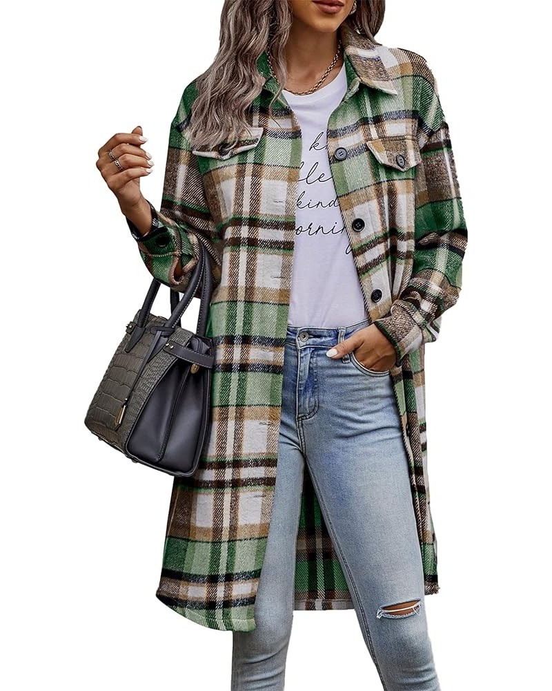 Women's Plaid Shacket 2024 Long Sleeve Button Up Flannel Shirt Winter Tartan Jacket Woolen Coats Green $27.53 Blouses