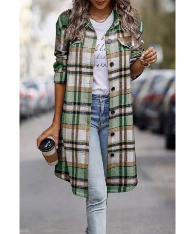 Women's Plaid Shacket 2024 Long Sleeve Button Up Flannel Shirt Winter Tartan Jacket Woolen Coats Green $27.53 Blouses