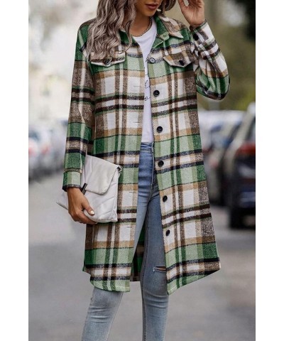 Women's Plaid Shacket 2024 Long Sleeve Button Up Flannel Shirt Winter Tartan Jacket Woolen Coats Green $27.53 Blouses