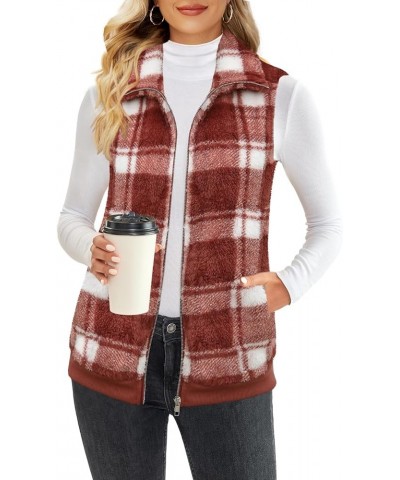 Womens Sleeveless Fleece Vest with Pockets Fuzzy Sherpa Vest Fluffy Zipper Jacket Warm Outerwear C-plaid Jujube Red $20.29 Vests