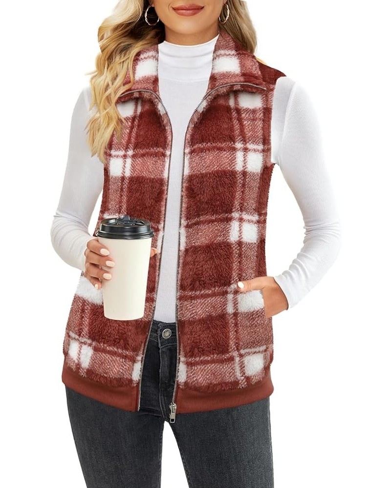 Womens Sleeveless Fleece Vest with Pockets Fuzzy Sherpa Vest Fluffy Zipper Jacket Warm Outerwear C-plaid Jujube Red $20.29 Vests