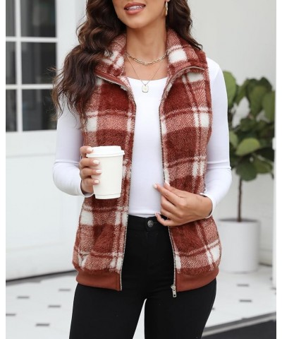 Womens Sleeveless Fleece Vest with Pockets Fuzzy Sherpa Vest Fluffy Zipper Jacket Warm Outerwear C-plaid Jujube Red $20.29 Vests