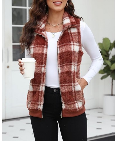 Womens Sleeveless Fleece Vest with Pockets Fuzzy Sherpa Vest Fluffy Zipper Jacket Warm Outerwear C-plaid Jujube Red $20.29 Vests