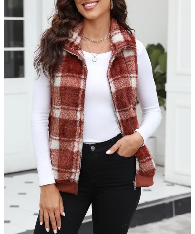 Womens Sleeveless Fleece Vest with Pockets Fuzzy Sherpa Vest Fluffy Zipper Jacket Warm Outerwear C-plaid Jujube Red $20.29 Vests