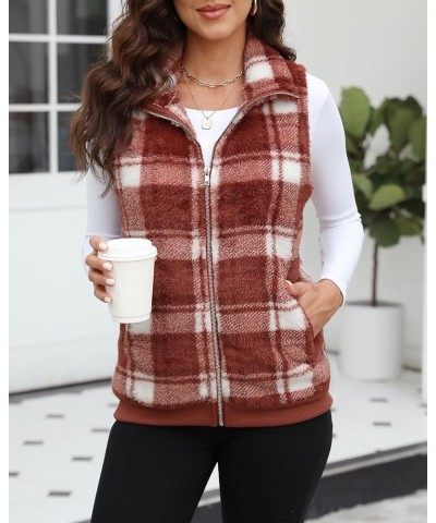 Womens Sleeveless Fleece Vest with Pockets Fuzzy Sherpa Vest Fluffy Zipper Jacket Warm Outerwear C-plaid Jujube Red $20.29 Vests