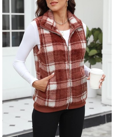 Womens Sleeveless Fleece Vest with Pockets Fuzzy Sherpa Vest Fluffy Zipper Jacket Warm Outerwear C-plaid Jujube Red $20.29 Vests