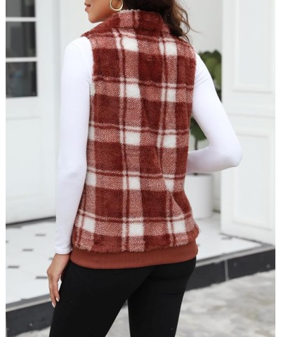 Womens Sleeveless Fleece Vest with Pockets Fuzzy Sherpa Vest Fluffy Zipper Jacket Warm Outerwear C-plaid Jujube Red $20.29 Vests